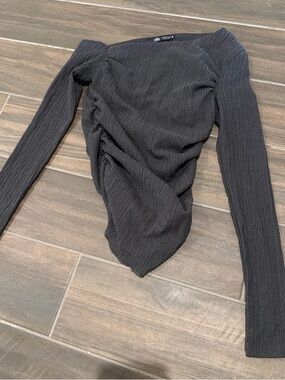 Zara Charcoal Black Long-Sleeve Ruched Textured Top
